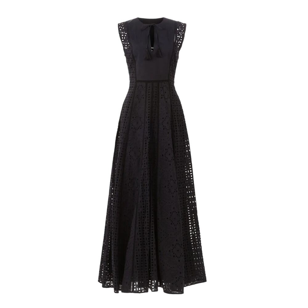 Veronica Beard Black Eyelet Maxi Dress SIZE 4 Cottage Fit n Flare Designer $700 - Picture 9 of 12